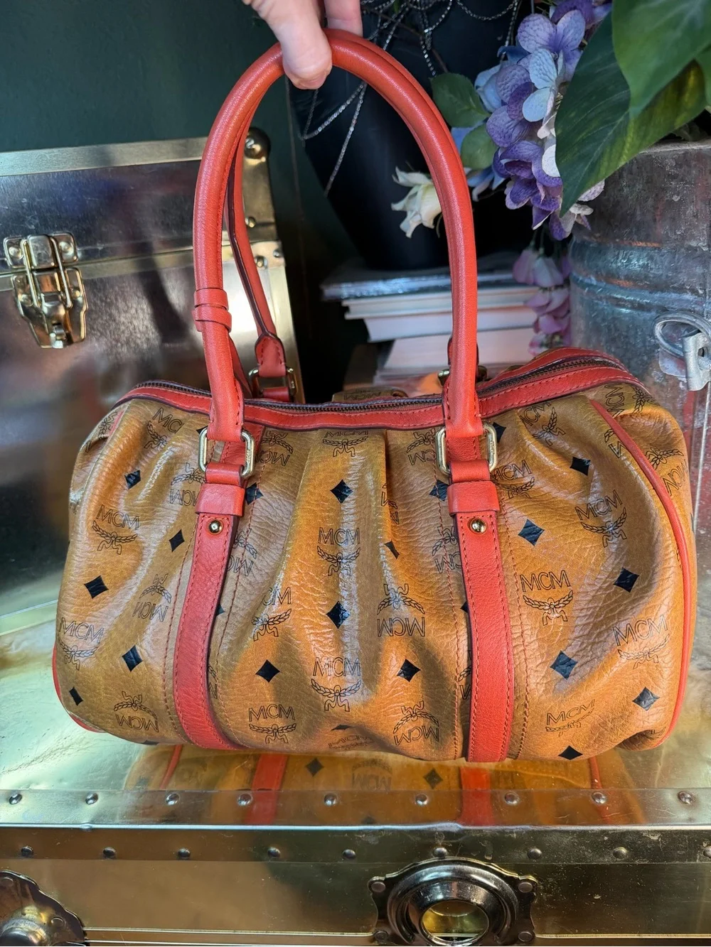 MCM Visetos Cognac Boston Hobo Bowling Bag with Coral Trim and Lock and keys